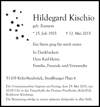 Anzeige von Hildegard Kischio von Kölner Stadt-Anzeiger / Kölnische Rundschau / Express