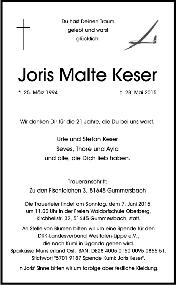 Anzeige von Joris Malte Keser von Kölner Stadt-Anzeiger / Kölnische Rundschau / Express
