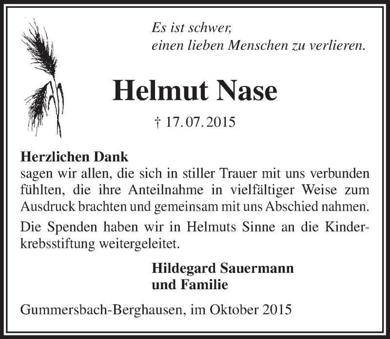  Traueranzeige für Helmut Nase vom 21.10.2015 aus  Anzeigen Echo 