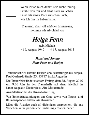 Anzeige von Helga Fenn von Kölner Stadt-Anzeiger / Kölnische Rundschau / Express