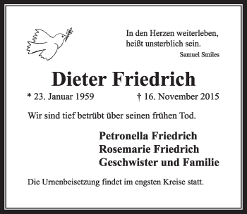 Anzeige von Dieter Friedrich von  Sonntags-Post 