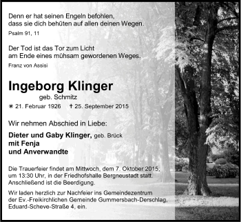 Anzeige von Ingeborg Klinger von Kölner Stadt-Anzeiger / Kölnische Rundschau / Express
