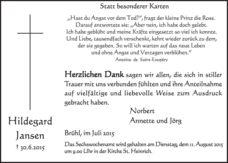  Traueranzeige für Hildegard Jansen vom 05.08.2015 aus  Schlossbote/Werbekurier 