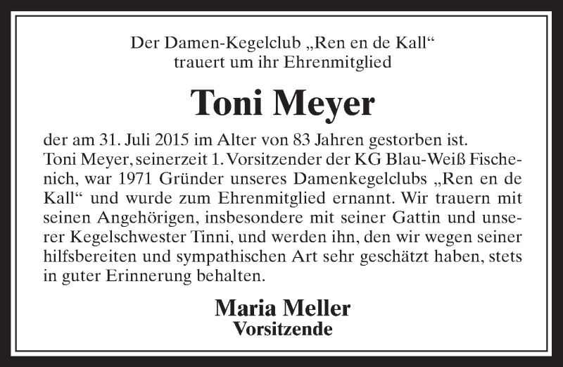  Traueranzeige für Toni Meyer vom 05.08.2015 aus  Wochenende 