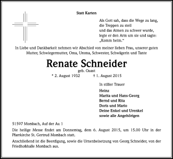 Anzeige von Renate Schneider von Kölner Stadt-Anzeiger / Kölnische Rundschau / Express