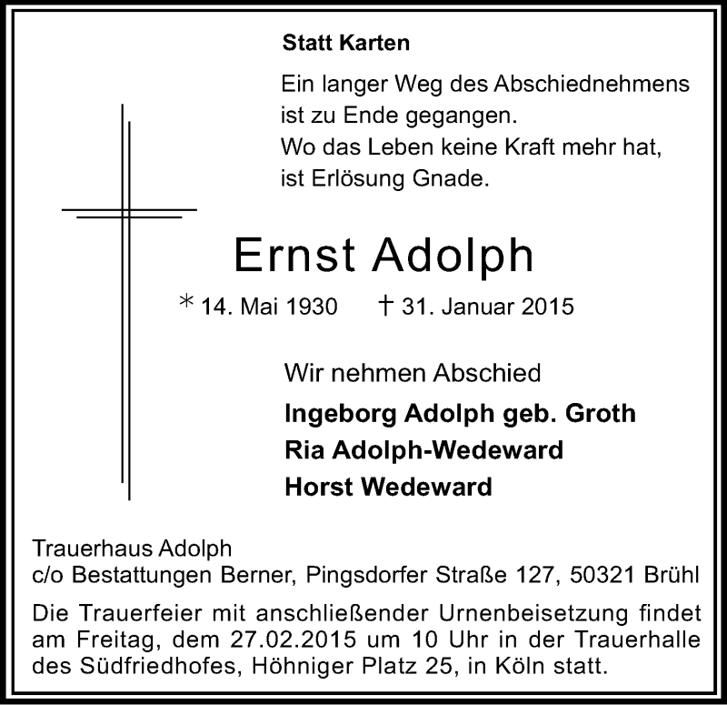  Traueranzeige für Ernst Adolph vom 21.02.2015 aus Kölner Stadt-Anzeiger / Kölnische Rundschau / Express