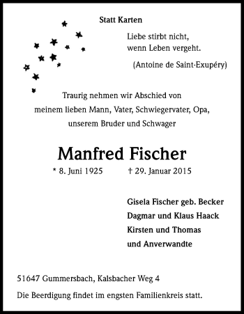 Anzeige von Manfred Fischer von Kölner Stadt-Anzeiger / Kölnische Rundschau / Express
