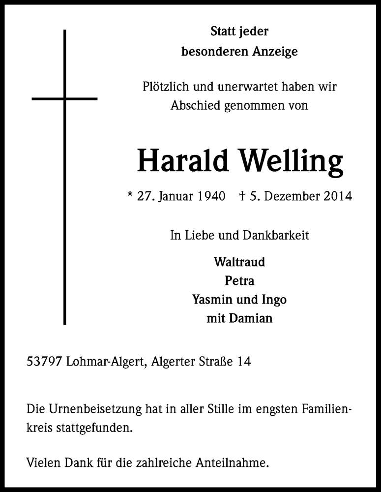  Traueranzeige für Harald Welling vom 14.01.2015 aus Kölner Stadt-Anzeiger / Kölnische Rundschau / Express
