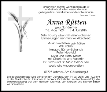 Anzeige von Anna Rütten von Kölner Stadt-Anzeiger / Kölnische Rundschau / Express