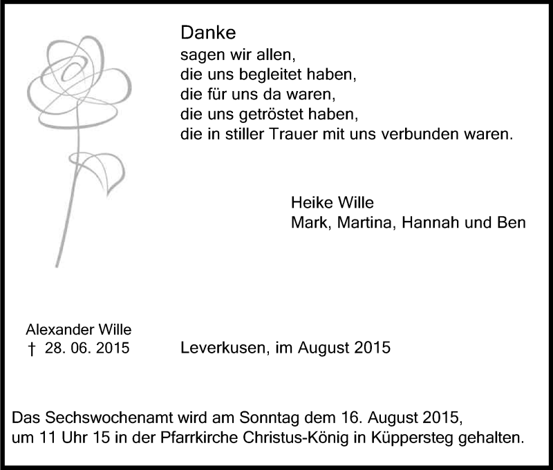  Traueranzeige für Alexander Wille vom 08.08.2015 aus Kölner Stadt-Anzeiger / Kölnische Rundschau / Express