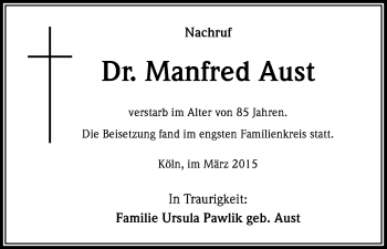 Anzeige von Manfred Aust von Kölner Stadt-Anzeiger / Kölnische Rundschau / Express