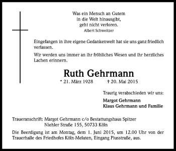 Anzeige von Ruth Gehrmann von Kölner Stadt-Anzeiger / Kölnische Rundschau / Express