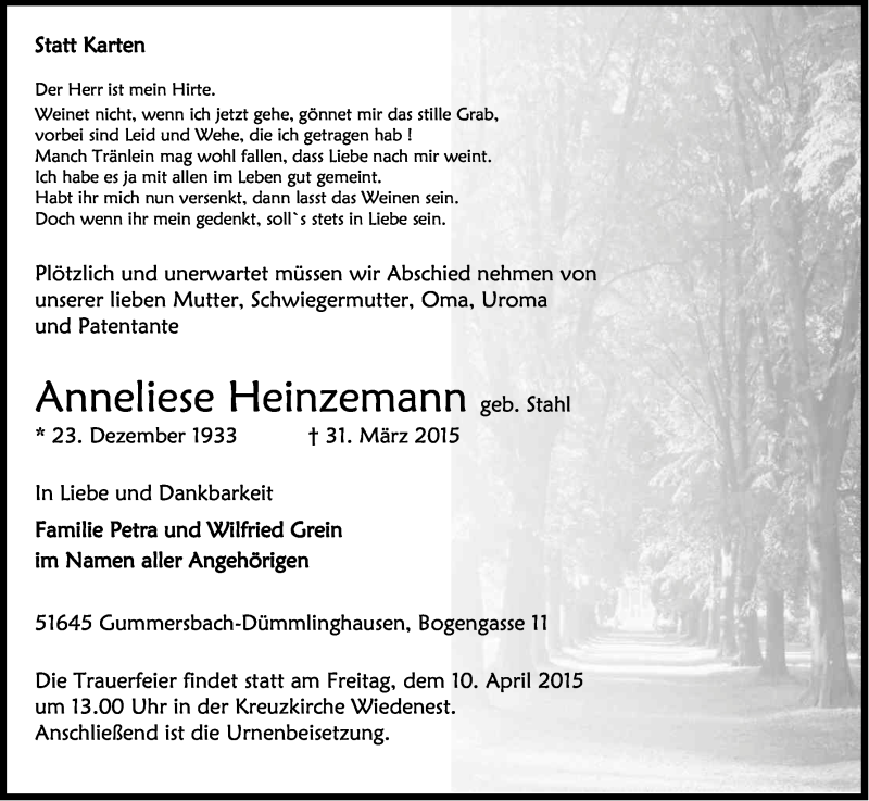  Traueranzeige für Anneliese Heinzemann vom 04.04.2015 aus Kölner Stadt-Anzeiger / Kölnische Rundschau / Express