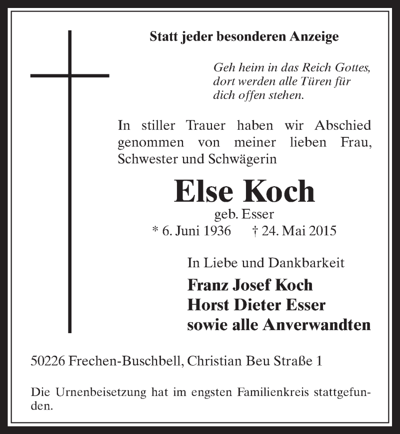  Traueranzeige für Else Koch vom 03.06.2015 aus  Wochenende 