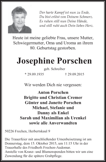 Anzeige von Josephine Porschen von  Sonntags-Post 