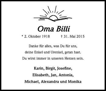 Anzeige von Oma Billi von Kölner Stadt-Anzeiger / Kölnische Rundschau / Express