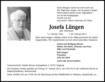 Anzeige von Josefa Lüngen von Kölner Stadt-Anzeiger / Kölnische Rundschau / Express