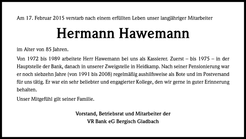  Traueranzeige für Hermann Hawemann vom 26.02.2015 aus Kölner Stadt-Anzeiger / Kölnische Rundschau / Express