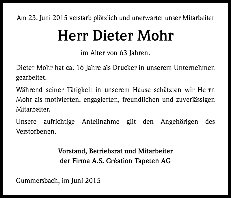  Traueranzeige für Dieter Mohr vom 03.07.2015 aus Kölner Stadt-Anzeiger / Kölnische Rundschau / Express