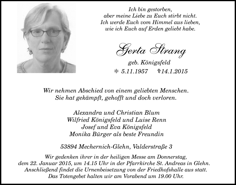  Traueranzeige für Gerta Strang vom 18.01.2015 aus  Blickpunkt Euskirchen 