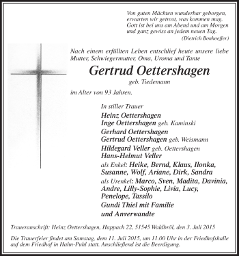 Anzeige von Gertrud Oettershagen von  Lokalanzeiger 
