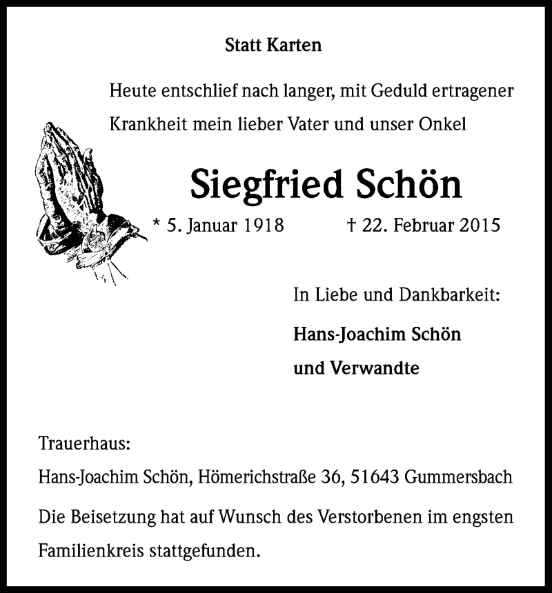  Traueranzeige für Siegfried Schön vom 11.03.2015 aus Kölner Stadt-Anzeiger / Kölnische Rundschau / Express