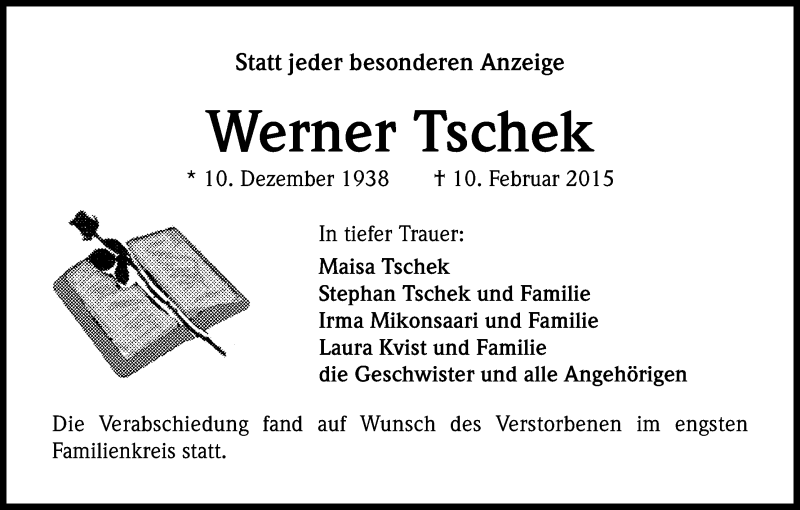  Traueranzeige für Werner Tschek vom 28.02.2015 aus Kölner Stadt-Anzeiger / Kölnische Rundschau / Express