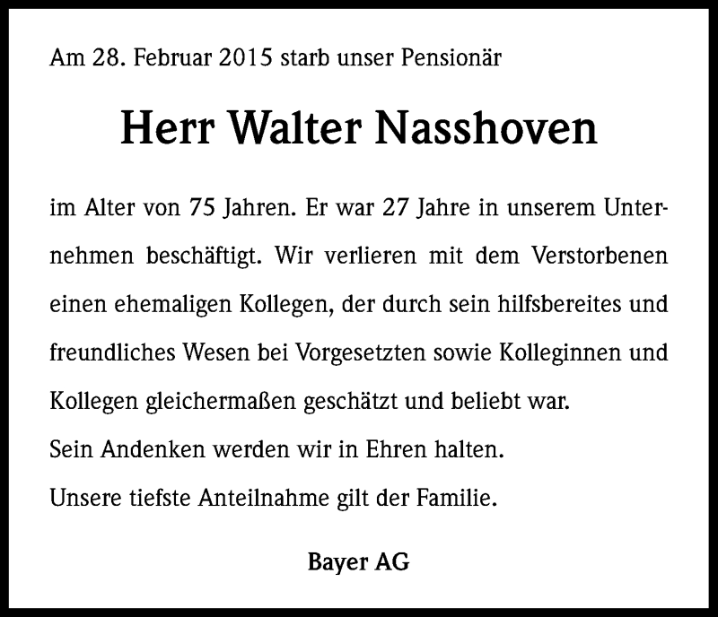  Traueranzeige für Walter Nasshoven vom 14.03.2015 aus Kölner Stadt-Anzeiger / Kölnische Rundschau / Express