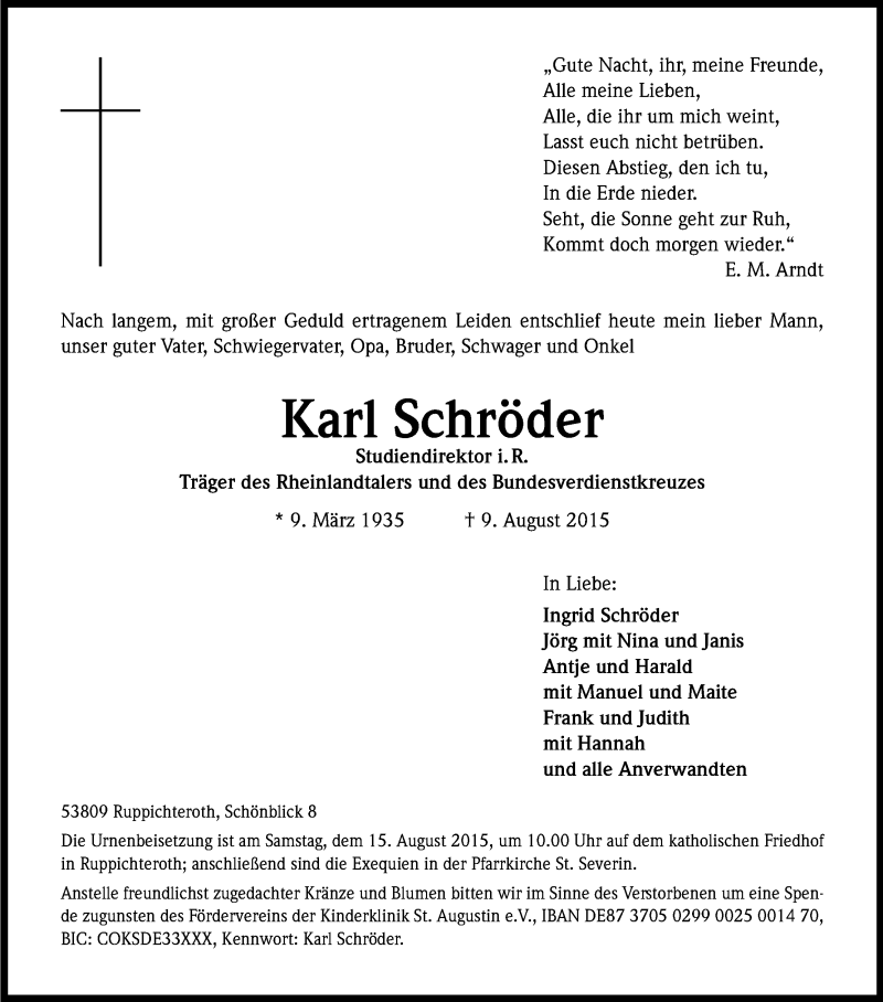  Traueranzeige für Karl Schröder vom 12.08.2015 aus Kölner Stadt-Anzeiger / Kölnische Rundschau / Express
