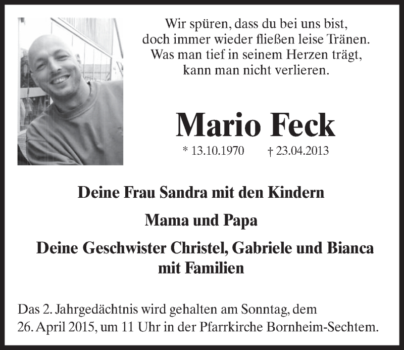  Traueranzeige für Mario Feck vom 23.04.2015 aus Köln - Wir Trauern