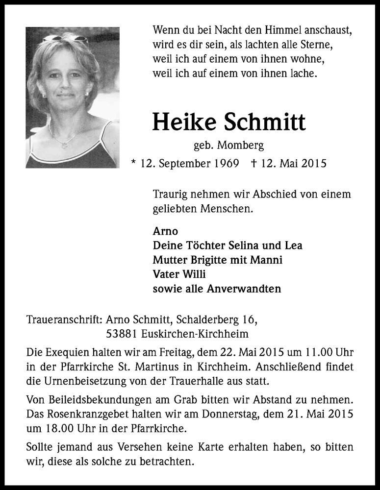  Traueranzeige für Heike Schmitt vom 20.05.2015 aus Kölner Stadt-Anzeiger / Kölnische Rundschau / Express