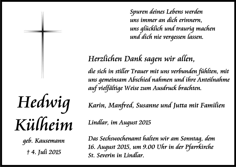  Traueranzeige für Hedwig Külheim vom 08.08.2015 aus Kölner Stadt-Anzeiger / Kölnische Rundschau / Express