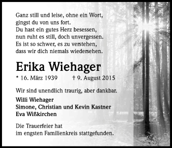Anzeige von Erika Wiehager von Kölner Stadt-Anzeiger / Kölnische Rundschau / Express