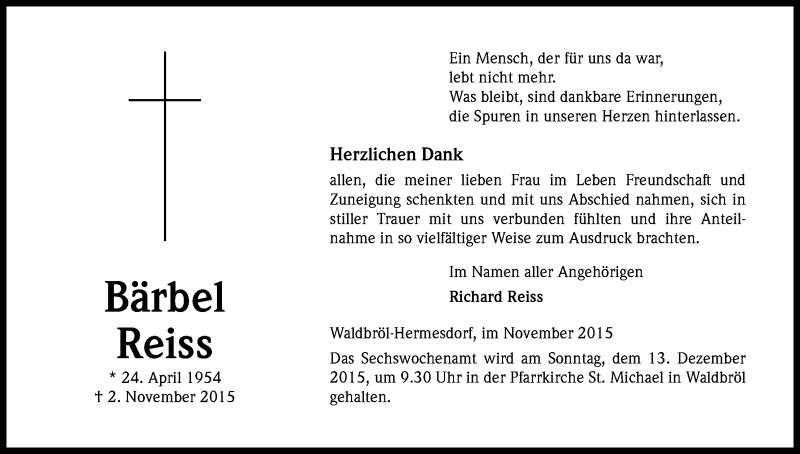  Traueranzeige für Bärbel Reiss vom 25.11.2015 aus Kölner Stadt-Anzeiger / Kölnische Rundschau / Express