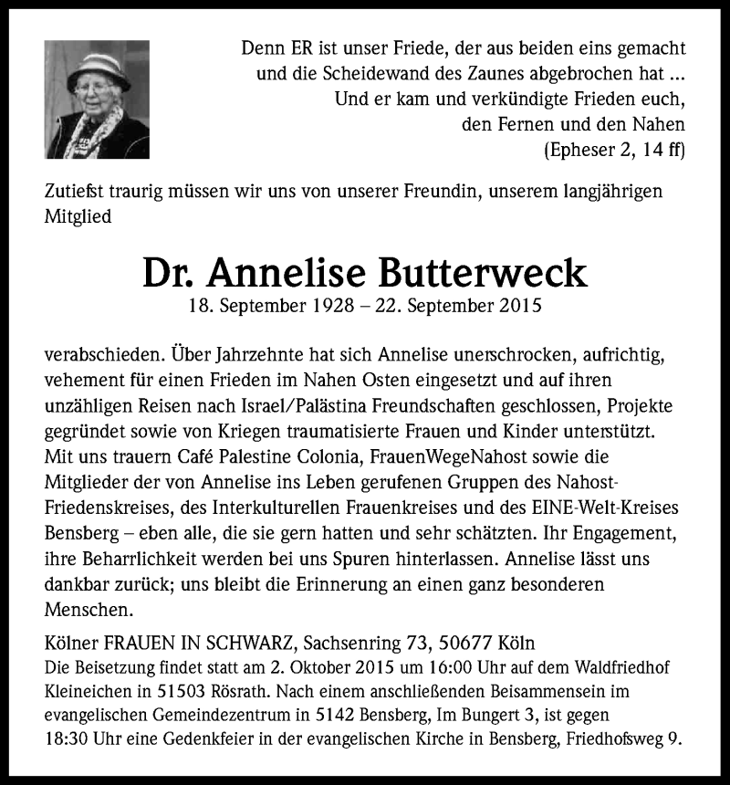  Traueranzeige für Annelise Butterweck vom 30.09.2015 aus Kölner Stadt-Anzeiger / Kölnische Rundschau / Express