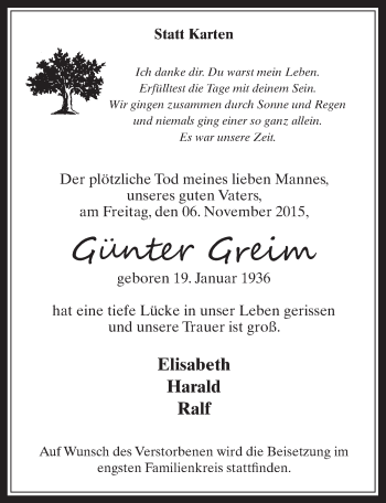 Anzeige von Günter Greim von  Wochenende 