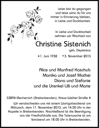Anzeige von Christine Sistenich von Kölner Stadt-Anzeiger / Kölnische Rundschau / Express