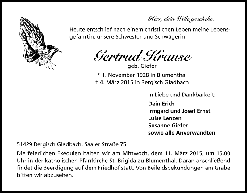  Traueranzeige für Gertrud Krause vom 07.03.2015 aus Kölner Stadt-Anzeiger / Kölnische Rundschau / Express