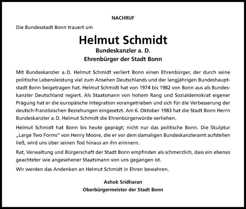  Traueranzeige für Helmut Schmidt vom 14.11.2015 aus Köln - Wir Trauern