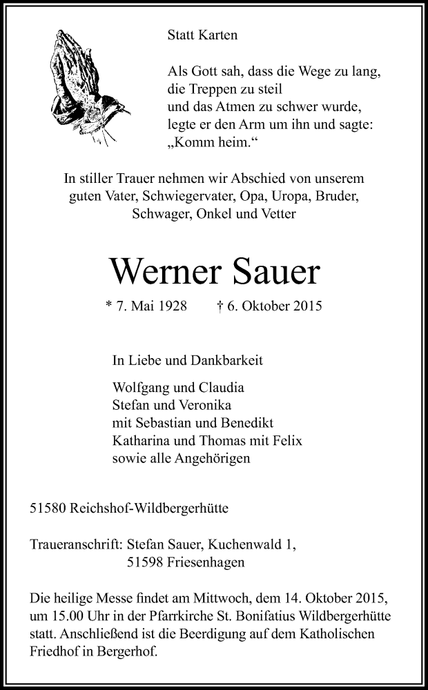  Traueranzeige für Werner Sauer vom 10.10.2015 aus Kölner Stadt-Anzeiger / Kölnische Rundschau / Express
