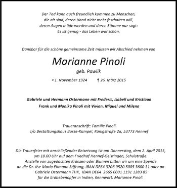 Anzeige von Marianne Pinoli von Kölner Stadt-Anzeiger / Kölnische Rundschau / Express