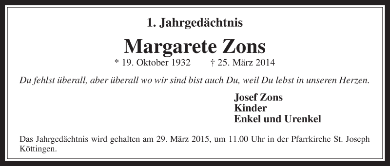  Traueranzeige für Margarete Zons vom 25.03.2015 aus  Werbepost 