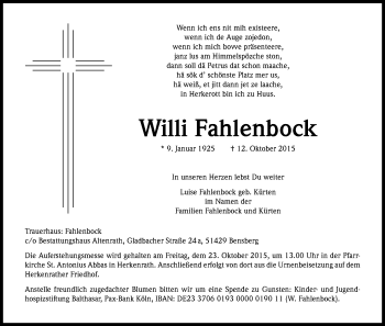 Anzeige von Willi Fahlenbock von Kölner Stadt-Anzeiger / Kölnische Rundschau / Express