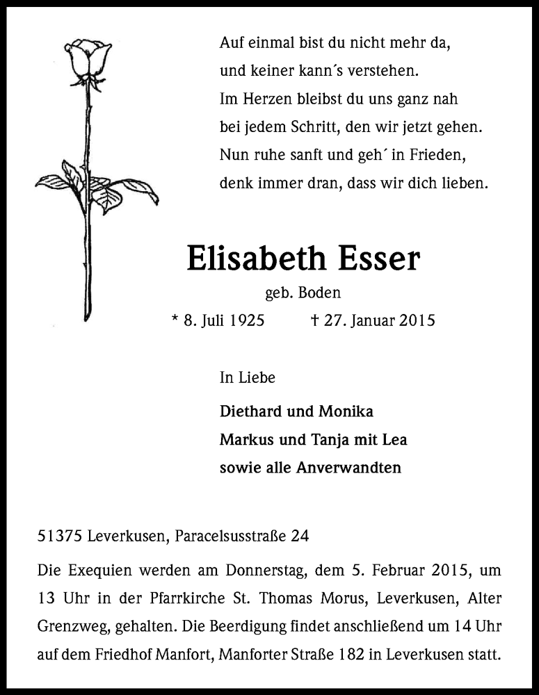  Traueranzeige für Elisabeth Esser vom 31.01.2015 aus Kölner Stadt-Anzeiger / Kölnische Rundschau / Express