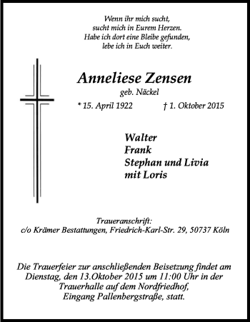 Anzeige von Anneliese Zensen von Kölner Stadt-Anzeiger / Kölnische Rundschau / Express