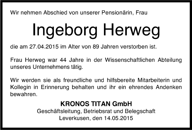 Traueranzeige für Ingeborg Herweg vom 14.05.2015 aus Kölner Stadt-Anzeiger / Kölnische Rundschau / Express