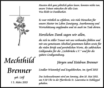 Anzeige von Mechthild Brenner von Kölner Stadt-Anzeiger / Kölnische Rundschau / Express