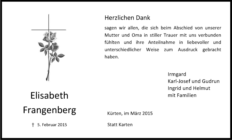  Traueranzeige für Elisabeth Frangenberg vom 28.03.2015 aus Kölner Stadt-Anzeiger / Kölnische Rundschau / Express