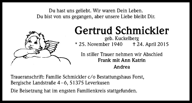  Traueranzeige für Gertrud Schmickler vom 13.05.2015 aus Kölner Stadt-Anzeiger / Kölnische Rundschau / Express