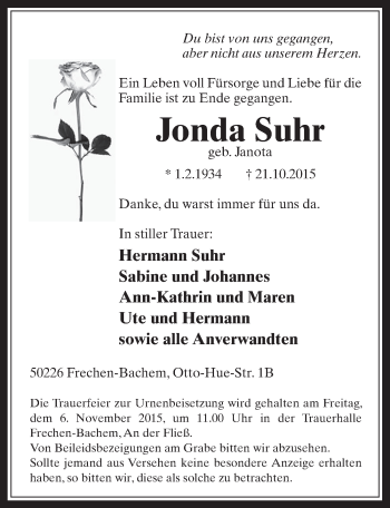 Anzeige von Jonda Suhr von  Wochenende 